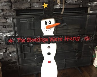 Solid wood, handcrafted snowman christmas stocking stand, handpainted, freeststanding