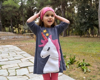 Unicorn dress, magic dress,grey dress,girl's dress,toddler dress,handmade dress,applique dress,party dress,pretty unicorn