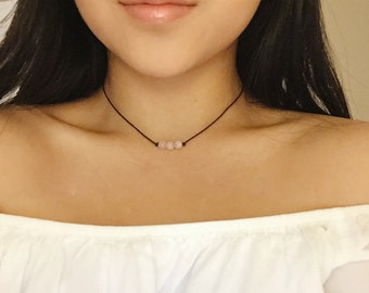 Light Pink Glass Bead Choker, Triple Pink Bead Choker, Pink Choker, Black Cord Choker, Minimal Choker, Simple Necklace, Dainty Choker, Boho