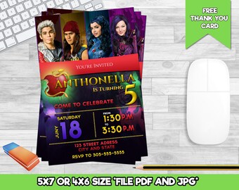 Descendants Invitation - Descendants birthday invitation - Descendants Party - Descendants Custom Invitation - Free Thank You Card