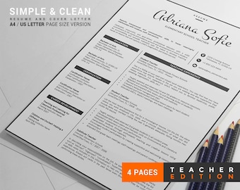 Teacher Resume Template /Teacher CV Template, Word Format + Cover Letter + Reference Letter, 4 Page Creative Resume, Instant Download