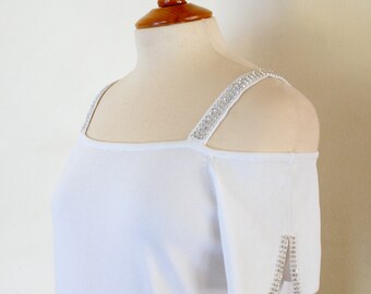 Stylish Open Shoulders, White Blouse, Strass Details on Sleeves and Straps, Size M/L