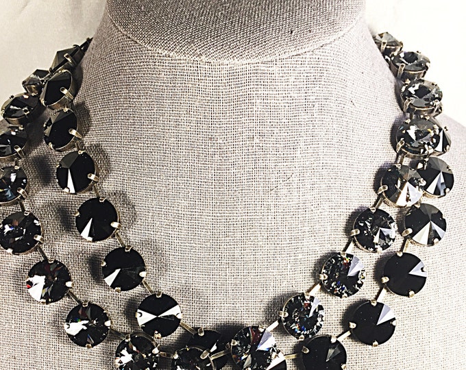 Elegant 14mm large stone vintage inspired hand-set Swarovski® crystal rivoli collar necklace jet black statement piece for a romantic look.