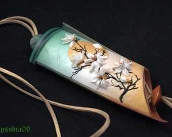 Polymer clay jewelry necklace Inro pendant with magnolias Japanese ethnic style pendant gift for mother