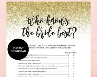 Bridal Shower How Well Do You Know The Bride game, Wedding Shower Game, bridal quiz, Gold Bridal Shower Games, DIY wedding INSTANT DOWNLOAD