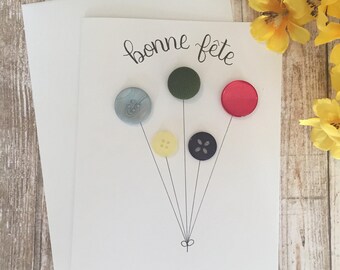 Bonne fete card, french birthday card, handmade card, button art, happy birthday card, birthday card, balloons, handwritten card, handmade
