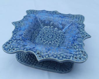 blue pottery earring holder / jewelry bowl - handmade and imprinted with lace