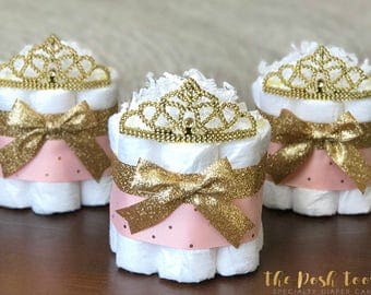 Princess Diaper Cake, Baby Shower Decor Centerpiece Present, Royal Little Princess Pink and Gold Tiara Crown Girl, ONE Mini 1 tier