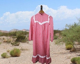 Red Gingham Dress, Full Length Vintage Dress, 1950s Prairie Dress, Frontier Costume Dress, Small to Medium