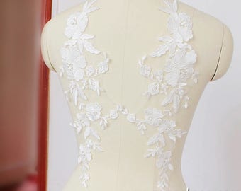 Wedding Dress Applique/Ivory Lace Applique Pair/Flower Applique/Wedding Applique/Bridal Applique/Motif Applique/Luxury Applique/pair/ALA-09