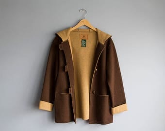 Vintage Rare Ralph Lauren Wool Peacoat | Deadstock hooded coat with toggles | Vintage brown cardigan sweater | Womans wool duffel coat