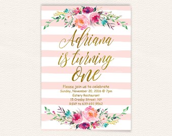 Floral 1st birthday invitation pink and gold, first birthday invitation girl, gold glitter blush pink stripes digital invitations 6a