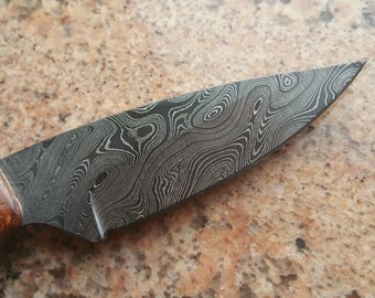 Exotic hardwood, Damascus knife with leather sheath, custom knife, hunting knife, collectable knife