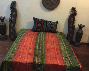 Vintage Handmade Tribal Hmong embroidered batik cotton blanket in the north of Vietnam