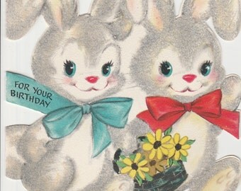 1950s Flocked Bunnies Birthday Card - Hallmark - Great Vintage Condition - Rabbit - basket - flowers