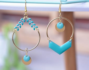 Golden hoop earrings with mint chain and pendant; Chic asymmetric earrings; Fantasy unpaired earrings; original and unique earrings for her