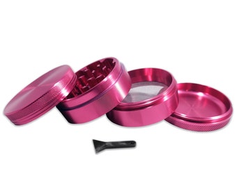 Pink 4 Piece 2.5" Weed Grinder - Comes with Travel Pouch and Kief Scraper - Made with Anodized Aluminum