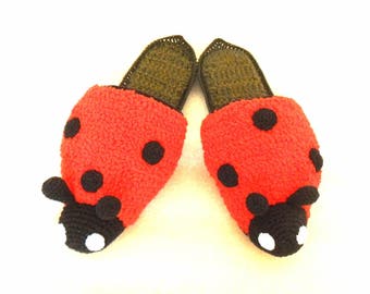 Crochet Slippers Ladybug Mothers Day Gift, house slippers. Non slip sole.Easter Gift.
