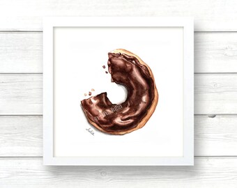 bitten donut , dessert print, wall art print, donut of watercolor print