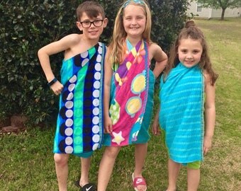 Turquoise, blue, green, black, gray polka dot towel toga/towel dress