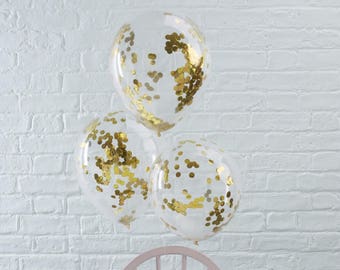 Gold Confetti Balloons, Gold Party Balloons, Gold Wedding Balloons, Gold Celebration Balloons, 5 Pack
