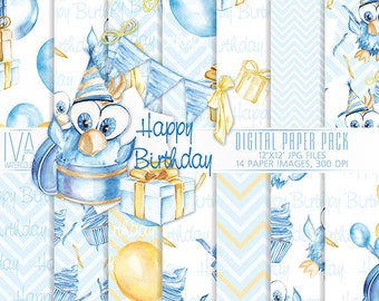 Happy Birthday, Digital paper pack, Watercolor, Scrapbook, Papers, Party, Handpainted Balloons Gift, Background Children's party, Baby party