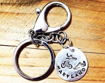 Ironman Triathlon Gifts, Custom Triathlete Keyring, Run Swim Bike, Tri gift idea, Personalized, marathon race athlete key fob chain keychain