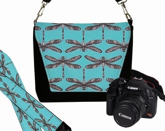 SET Dslr Camera Bag and Dslr Camera Strap, Camera Bag Slr and Camera Neck Strap, Turquoise Dragonflies MTO