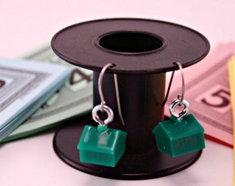 Green Monopoly Hotel Token Pierced Earrings Game Piece