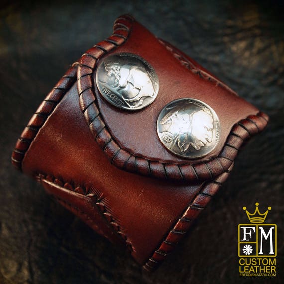 Leather cuff wristband Native Western style hand tooled with kangaroo lace and Buffalo nickels handmade for YOU in NYC by Freddie Matara