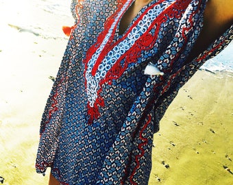CAPRI Embroidered Modern Beach Kaftan Resort Tassel Summer Cover-up Dress Cotton Tunic Blue Red Indigo One Size Fits All