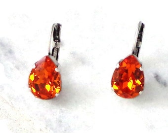 Swarovski crystal 14X10mm pear fancy stone drop earrings,leverback,brushed silver tone settings,NEW Tangerine bright orange colour