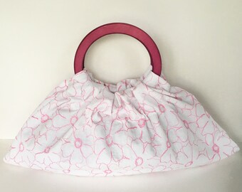 Embroidered Flowers Hobo Purse - Handmade Handbag with Hot Pink Wood Handles