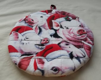Christmas Pigs, Potholders, Hot Pads, Quilted, Round, Handmade, Cotton Fabric, Insulated, Trivet, 9 Inches