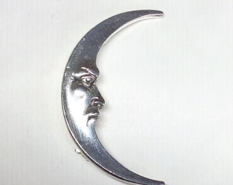 Art nouveau style moon brooch pin, man in the moon silver plated