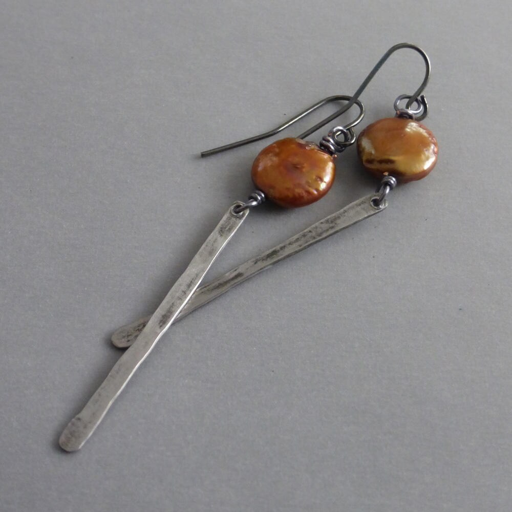 Bronze coin pearl with hammered steel dangle earring