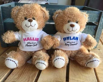 Will You be My Flower Girl, Ring Bearer, Set of 2 Small Bears, Flower Girl or Ring Bearer, Stuffed Teddy Bear, Custom Tshirt, Personalized