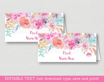 Pink Floral Bridal Shower Food Tent Cards / Place Cards / Floral Bridal Shower / Watercolor Floral / INSTANT DOWNLOAD Editable PDF B100