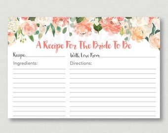 Floral Bridal Shower Recipe Cards / Floral Bridal Shower / Watercolor Floral / Peach Floral / Printable Recipe Card / INSTANT DOWNLOAD B102