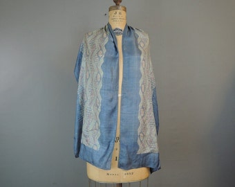 1920s Long Blue Silk Scarf, 15 x 67 inches, Vintage Pongee Silk
