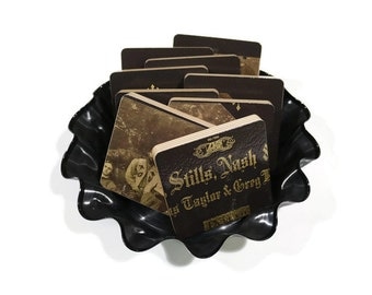 Crosby Stills Nash and Young recycled 1970 album cover handcrafted wood coasters with vinyl record bowl