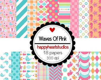 DigitalScrapbooking WavesofPink Ocean, Pink, Orange -InstantDownload