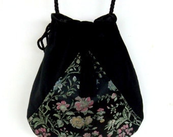 Boho Floral Black Satin Bag Black Pocket Boho Bag Drawstring Bag Bohemian Bag Crossbody Purse