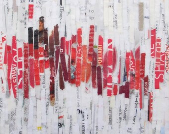 Mixed Media Acrylic collage painting, lines painting, abstract art, recycled paper art, red white painting