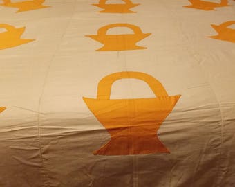 Vintage very thin older quilt top, gold old fashion handles baskets on white appliqued, gold strips white strips