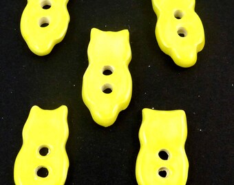 5 Bright Yellow Handmade Ceramic Owl Shaped Sewing Buttons. 1" or 2.5 cm tall.