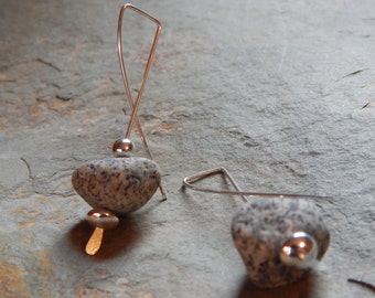 Granite Crossover Beach Stone Earrings, beach stone jewelry, beach find, speckles, river rock, pebble, stone, drilled stone, natural stone