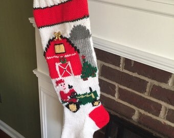 Hand Knit Christmas Stocking with Santa on the Farm