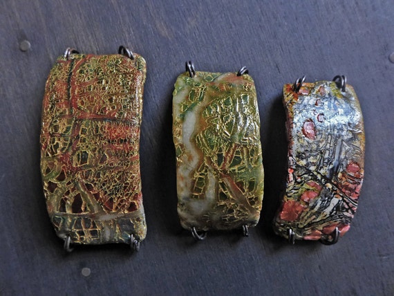 Polymer clay bracelet connectors with crackle. Rustic jewelry elements, your choice of three.