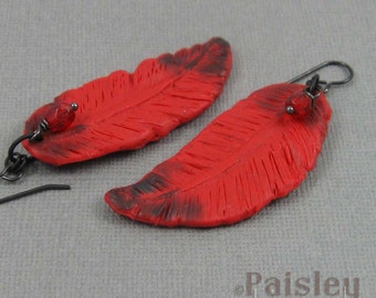 Cardinal Feather Earrings, red black polymer clay dangles on black wires